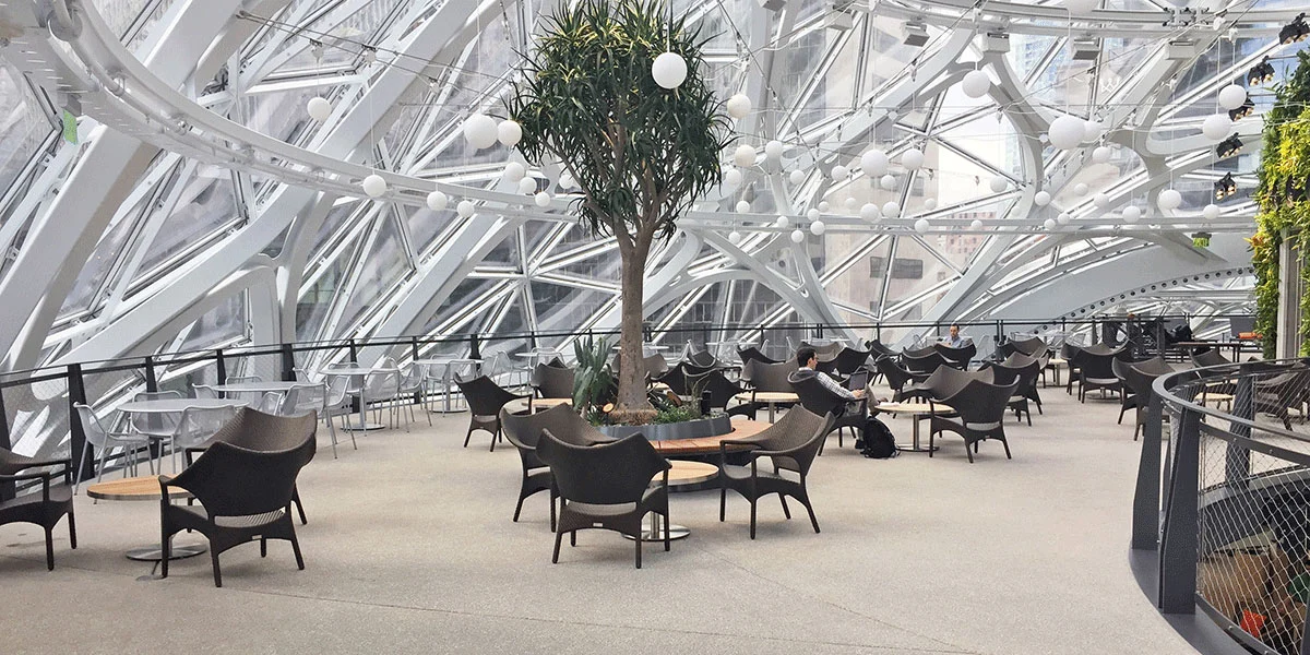 Modern open-plan Amazon office workspace showing deep-work culture and direct accountability