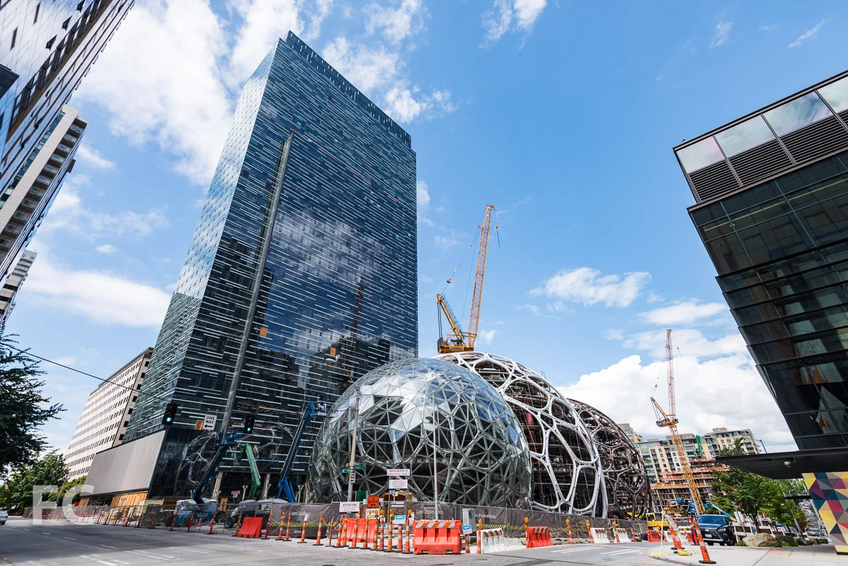 Amazon Seattle campus modern office towers and skyline view